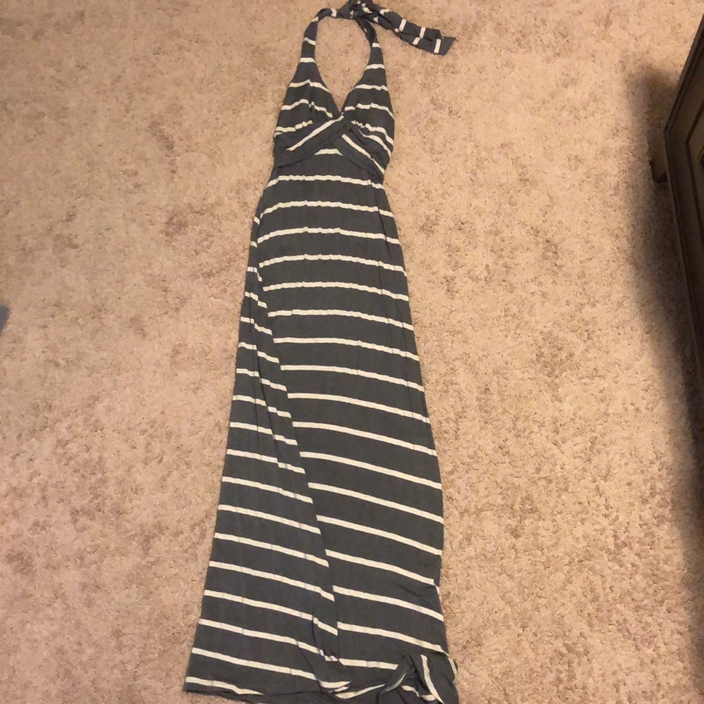 Gray and white striped maxi dress